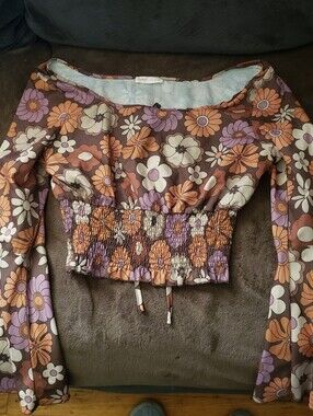 ROMWE Floral Smocked Long Sleeve Crop Top in Brown, Purple & Orange